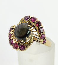 Load image into Gallery viewer, 1437: Vintage: 18ct Gold Blue Sapphire Red Topaz Swirl Cluster Ring- Dramatic statement
