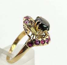 Load image into Gallery viewer, 1437: Vintage: 18ct Gold Blue Sapphire Red Topaz Swirl Cluster Ring- Dramatic statement
