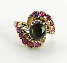 Load image into Gallery viewer, 1437: Vintage: 18ct Gold Blue Sapphire Red Topaz Swirl Cluster Ring- Dramatic statement
