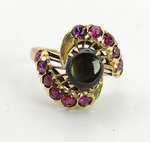 1437: Vintage: 18ct Gold Blue Sapphire Red Topaz Swirl Cluster Ring- Dramatic statement