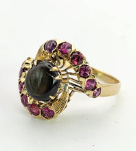 Load image into Gallery viewer, 1437: Vintage: 18ct Gold Blue Sapphire Red Topaz Swirl Cluster Ring- Dramatic statement
