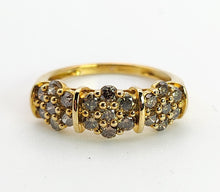 Load image into Gallery viewer, 1537: Vintage: 9ct Gold 21 Champagne Diamonds Flowerhead Trilogy Ring- a natural, sparkling beauty
