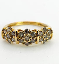 Load image into Gallery viewer, 1537: Vintage: 9ct Gold 21 Champagne Diamonds Flowerhead Trilogy Ring- a natural, sparkling beauty
