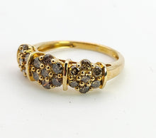 Load image into Gallery viewer, 1537: Vintage: 9ct Gold 21 Champagne Diamonds Flowerhead Trilogy Ring- a natural, sparkling beauty
