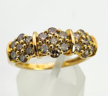 Load image into Gallery viewer, 1537: Vintage: 9ct Gold 21 Champagne Diamonds Flowerhead Trilogy Ring- a natural, sparkling beauty
