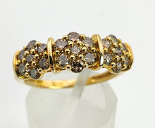 Load image into Gallery viewer, 1537: Vintage: 9ct Gold 21 Champagne Diamonds Flowerhead Trilogy Ring- a natural, sparkling beauty
