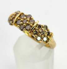 Load image into Gallery viewer, 1537: Vintage: 9ct Gold 21 Champagne Diamonds Flowerhead Trilogy Ring- a natural, sparkling beauty

