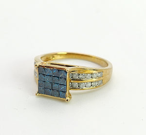 1604: Vintage: 9ct Gold Blue & White Diamonds Ring