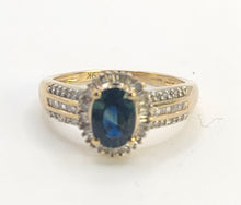 Load image into Gallery viewer, 0050: Vintage: Petite 9ct Gold Teal Blue Sapphire 64 Diamonds Dress Ring- sparkling beauty
