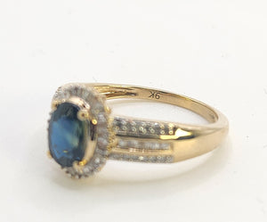 0050: Vintage: Petite 9ct Gold Teal Blue Sapphire 64 Diamonds Dress Ring- sparkling beauty