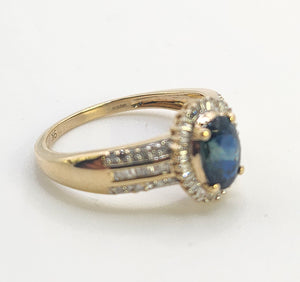 0050: Vintage: Petite 9ct Gold Teal Blue Sapphire 64 Diamonds Dress Ring- sparkling beauty