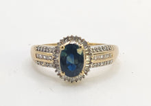 Load image into Gallery viewer, 0050: Vintage: Petite 9ct Gold Teal Blue Sapphire 64 Diamonds Dress Ring- sparkling beauty
