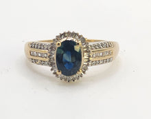 Load image into Gallery viewer, 0050: Vintage: Petite 9ct Gold Teal Blue Sapphire 64 Diamonds Dress Ring- sparkling beauty
