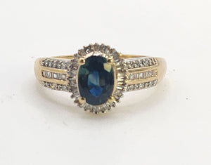 0050: Vintage: Petite 9ct Gold Teal Blue Sapphire 64 Diamonds Dress Ring- sparkling beauty