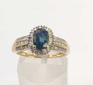 0050: Vintage: Petite 9ct Gold Teal Blue Sapphire 64 Diamonds Dress Ring- sparkling beauty