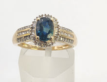 Load image into Gallery viewer, 0050: Vintage: Petite 9ct Gold Teal Blue Sapphire 64 Diamonds Dress Ring- sparkling beauty
