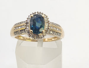 0050: Vintage: Petite 9ct Gold Teal Blue Sapphire 64 Diamonds Dress Ring- sparkling beauty