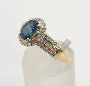 0050: Vintage: Petite 9ct Gold Teal Blue Sapphire 64 Diamonds Dress Ring- sparkling beauty