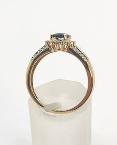 0050: Vintage: Petite 9ct Gold Teal Blue Sapphire 64 Diamonds Dress Ring- sparkling beauty