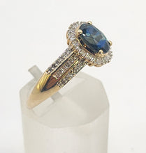 Load image into Gallery viewer, 0050: Vintage: Petite 9ct Gold Teal Blue Sapphire 64 Diamonds Dress Ring- sparkling beauty
