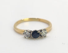 Load image into Gallery viewer, 0269: Vintage; 18ct Gold Blue Sapphire Diamonds 3-Stone Straight Ring- very fine example
