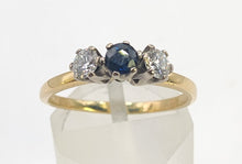 Load image into Gallery viewer, 0269: Vintage; 18ct Gold Blue Sapphire Diamonds 3-Stone Straight Ring- very fine example
