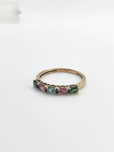 1578: Vintage: 9ct Gold Aquamarine, Tsavorites, Rubellites Stacker Ring- rare, perfectly paired