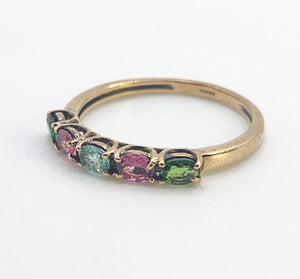 1578: Vintage: 9ct Gold Aquamarine, Tsavorites, Rubellites Stacker Ring- rare, perfectly paired