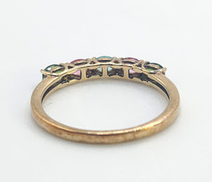1578: Vintage: 9ct Gold Aquamarine, Tsavorites, Rubellites Stacker Ring- rare, perfectly paired
