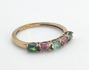 1578: Vintage: 9ct Gold Aquamarine, Tsavorites, Rubellites Stacker Ring- rare, perfectly paired
