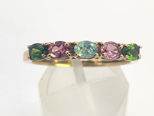 1578: Vintage: 9ct Gold Aquamarine, Tsavorites, Rubellites Stacker Ring- rare, perfectly paired
