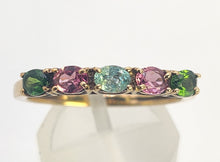 Load image into Gallery viewer, 1578: Vintage: 9ct Gold Aquamarine, Tsavorites, Rubellites Stacker Ring- rare, perfectly paired
