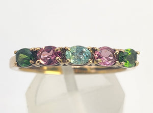 1578: Vintage: 9ct Gold Aquamarine, Tsavorites, Rubellites Stacker Ring- rare, perfectly paired