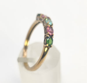 1578: Vintage: 9ct Gold Aquamarine, Tsavorites, Rubellites Stacker Ring- rare, perfectly paired