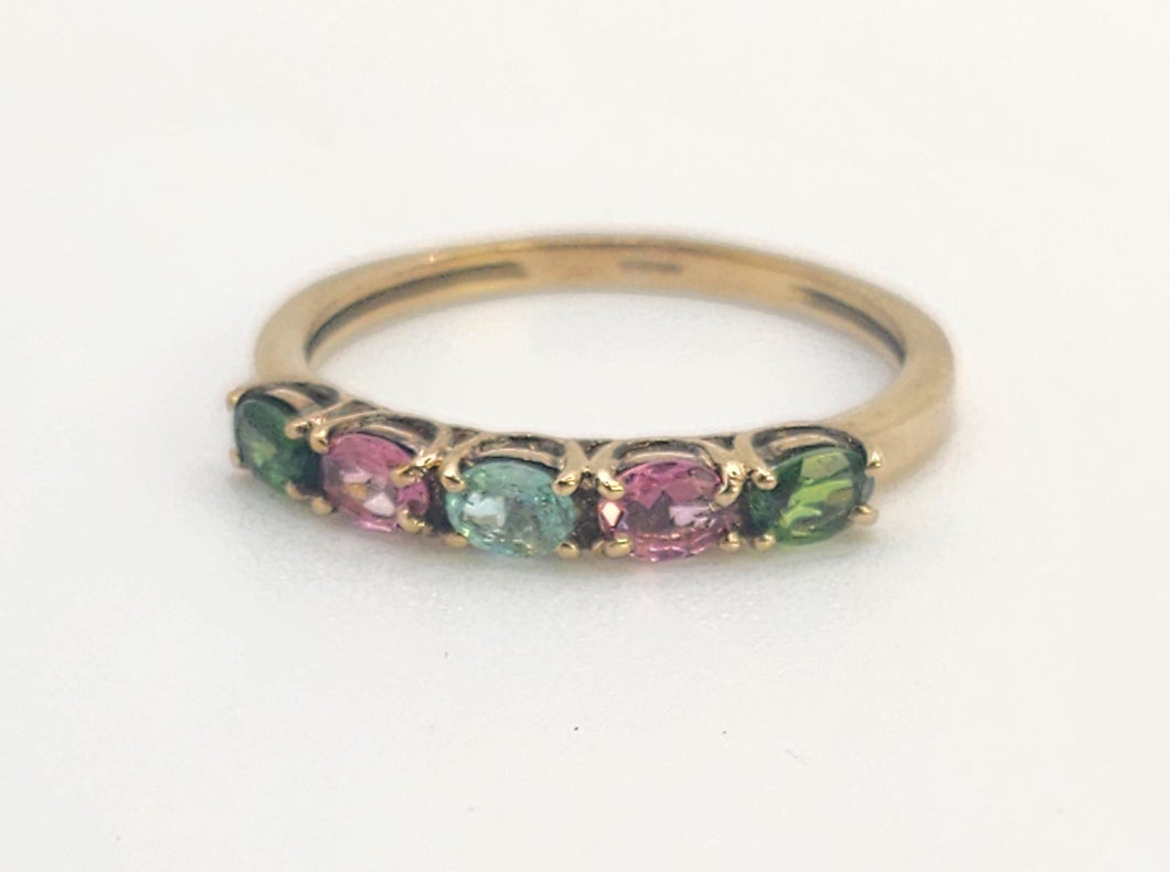 1578: Vintage: 9ct Gold Aquamarine, Tsavorites, Rubellites Stacker Ring- rare, perfectly paired