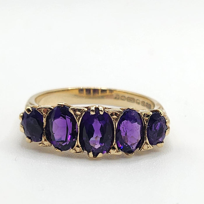 1588: Vintage: 9ct Gold 5 Rich Purple Amethysts Ring- From 1979