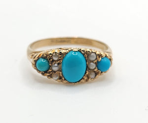 1589: Vintage- 1970's 9ct Gold Turquoise Seed Pearls Dress Ring- From 1976