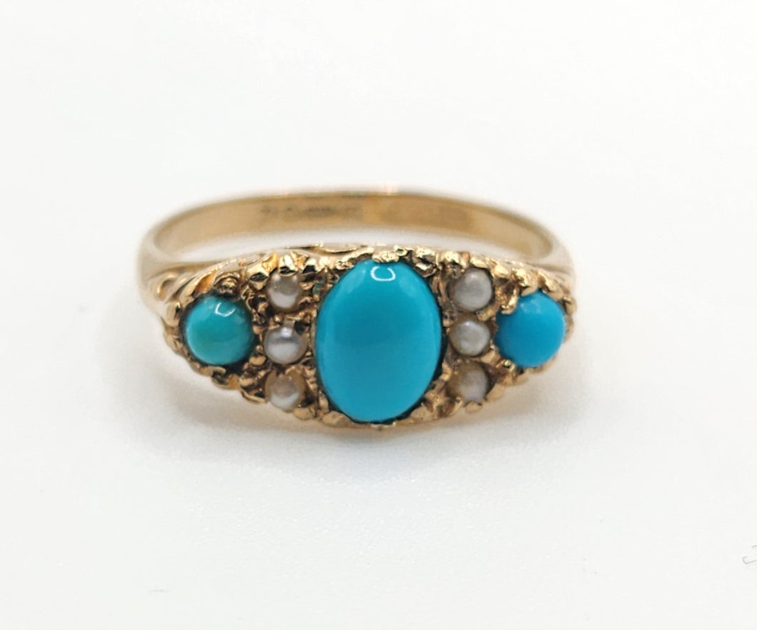 1589: Vintage- 1970's 9ct Gold Turquoise Seed Pearls Dress Ring- From 1976