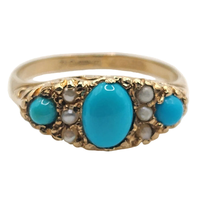 Vintage: 9ct Gold Turquoise Seed Pearls Dress Ring — From 1976
