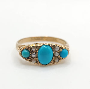 1589: Vintage- 1970's 9ct Gold Turquoise Seed Pearls Dress Ring- From 1976