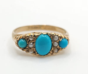 1589: Vintage- 1970's 9ct Gold Turquoise Seed Pearls Dress Ring- From 1976