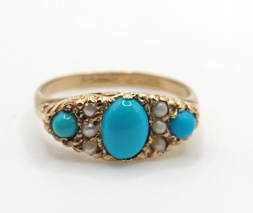 Vintage: 9ct Gold Turquoise Seed Pearls Dress Ring — From 1976