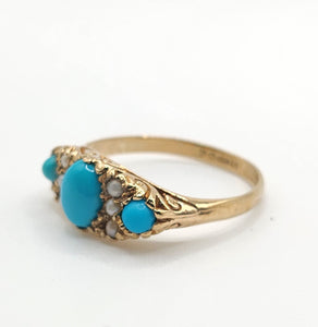 1589: Vintage- 1970's 9ct Gold Turquoise Seed Pearls Dress Ring- From 1976