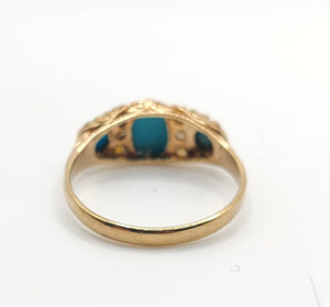 1589: Vintage- 1970's 9ct Gold Turquoise Seed Pearls Dress Ring- From 1976