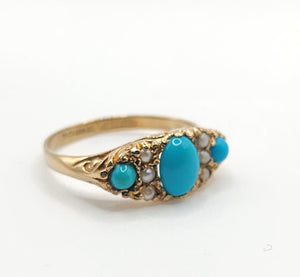 1589: Vintage- 1970's 9ct Gold Turquoise Seed Pearls Dress Ring- From 1976