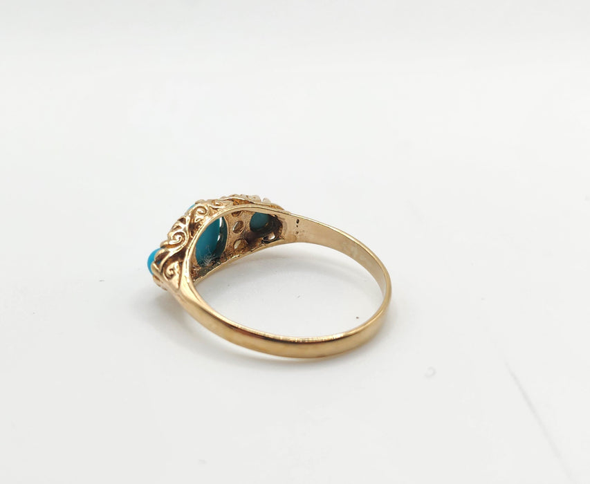 Vintage: 9ct Gold Turquoise Seed Pearls Dress Ring — From 1976