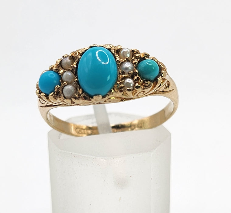 Vintage: 9ct Gold Turquoise Seed Pearls Dress Ring — From 1976