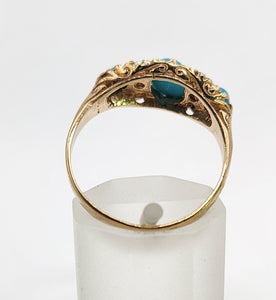 1589: Vintage- 1970's 9ct Gold Turquoise Seed Pearls Dress Ring- From 1976