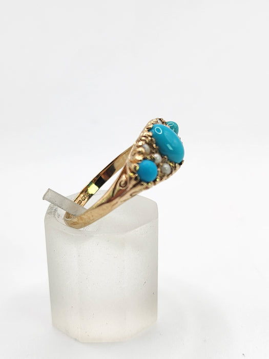 Vintage: 9ct Gold Turquoise Seed Pearls Dress Ring — From 1976