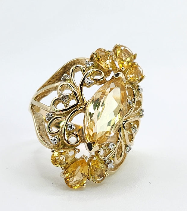 0404: Vintage: Statement 9ct Gold Marquise Cut Yellow Citrine 14 Diamonds Openwork Ring